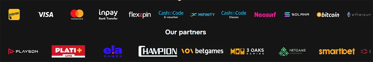 Payments and partners section displaying logos for Interac, Visa, Mastercard, Inpay, flexepin, CashtoCode, MiFinity, Neosurf, Solana, Bitcoin, Ethereum, and partner logos including Playson, PLATI+, ELA Games, Champion, BetGames, 3 Oaks Gaming, Netgame, and Smartbet on a dark background.