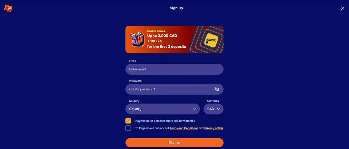 Casino sign-up page on a dark blue background with email, password, country, and currency fields, plus a bonus banner offering up to 2,000 CAD and 100 free spins for the first two deposits.